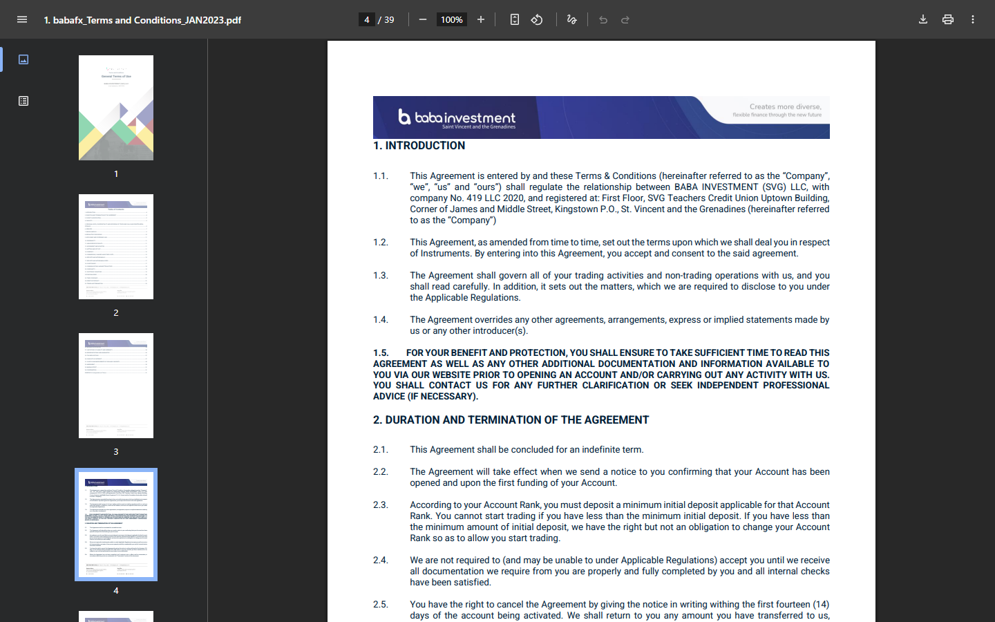 Babafx の利用規約 PDF の冒頭。契約の相手方として BABA INVESTMENT (SVG) LLC と会社番号、セントビンセント・グレナディーンの住所が書かれている