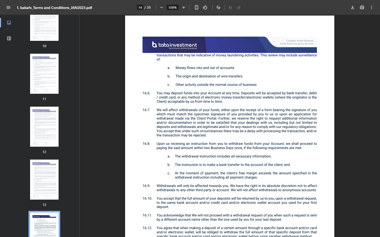 Babafx の利用規約 PDF の入出金の章。出金を2営業日以内に支払うための条件が書かれている