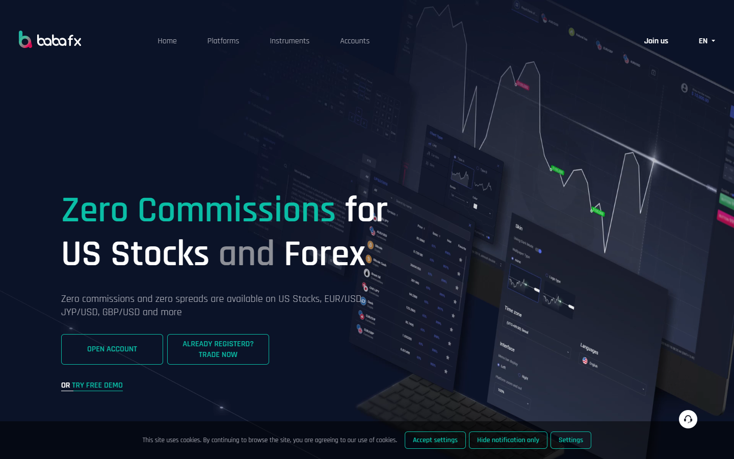 Babafx(babafx.com)のトップページ。「Zero Commissions for US Stocks and Forex」の見出しと口座開設のボタンが表示されている