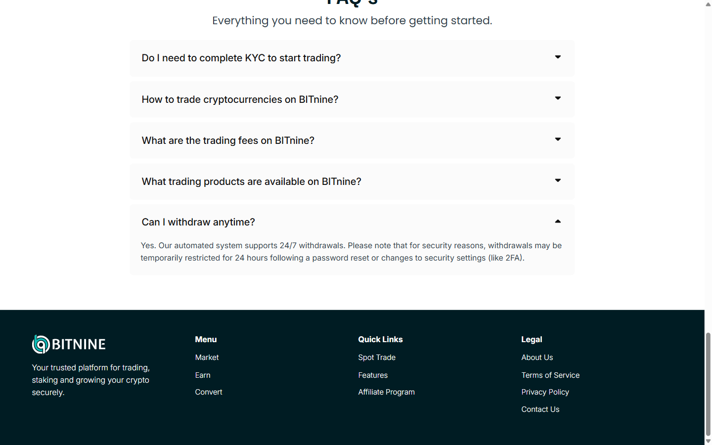 bit-nine.comのFAQで出金について答えている部分