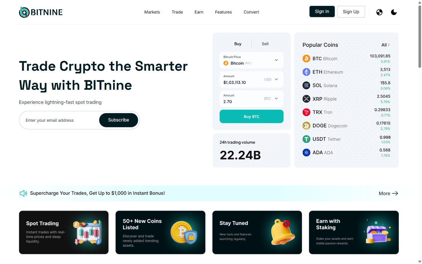 BITNINEのロゴと取引の見出しが並ぶbit-nine.comのトップ画面