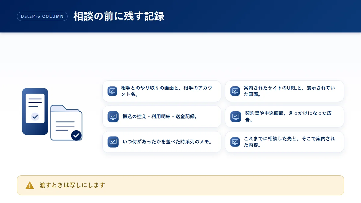 詐欺被害を相談する前に残しておく記録のチェック図解