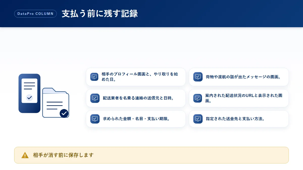 ロマンス詐欺で荷物の手数料や渡航費を求められたときに、支払う前に残しておく記録のチェック図解