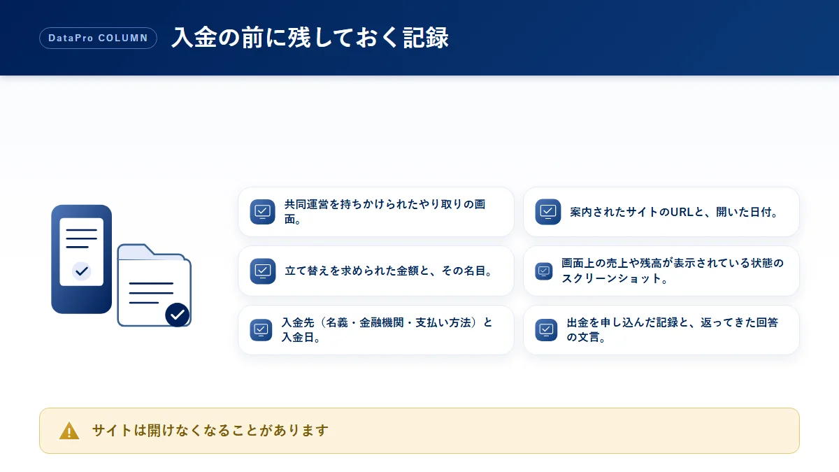 ネットショップの共同運営を持ちかけられたときに残す記録のチェック図解