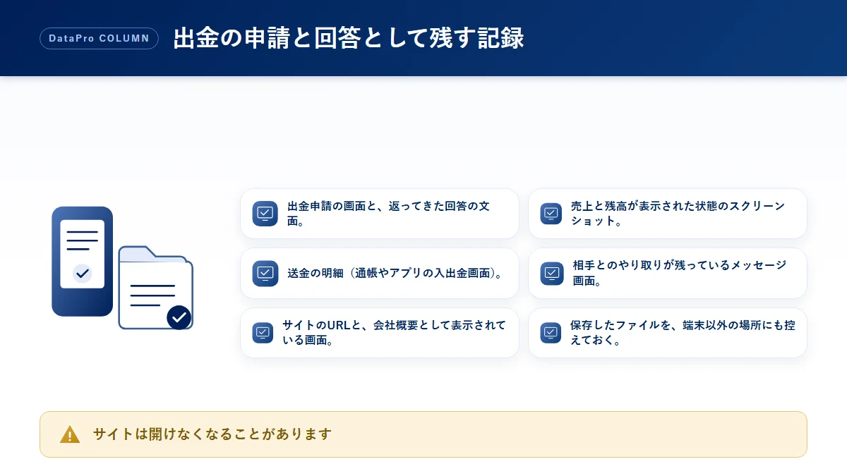 ネットショップの出金が保留になったときに残す記録のチェック図解