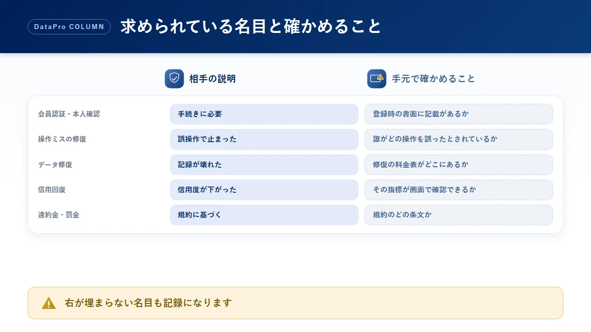 操作ミスや認証失敗を理由に求められる名目と確かめることを並べた比較図解