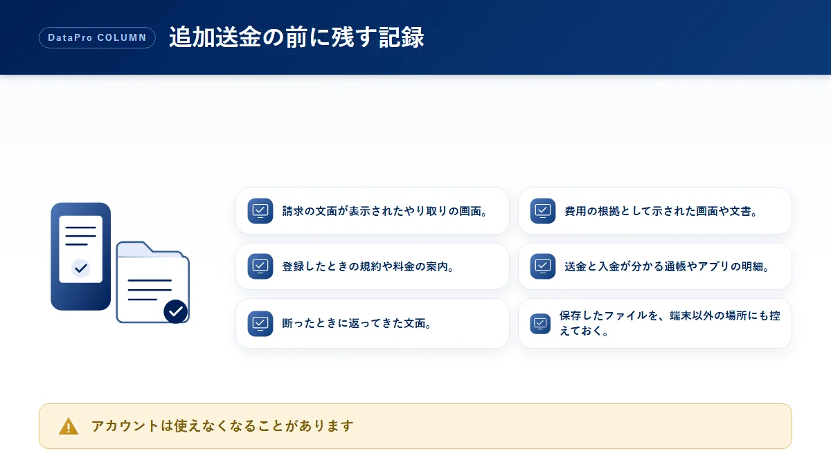 修復費用を請求されたときに追加送金の前に残す記録のチェック図解