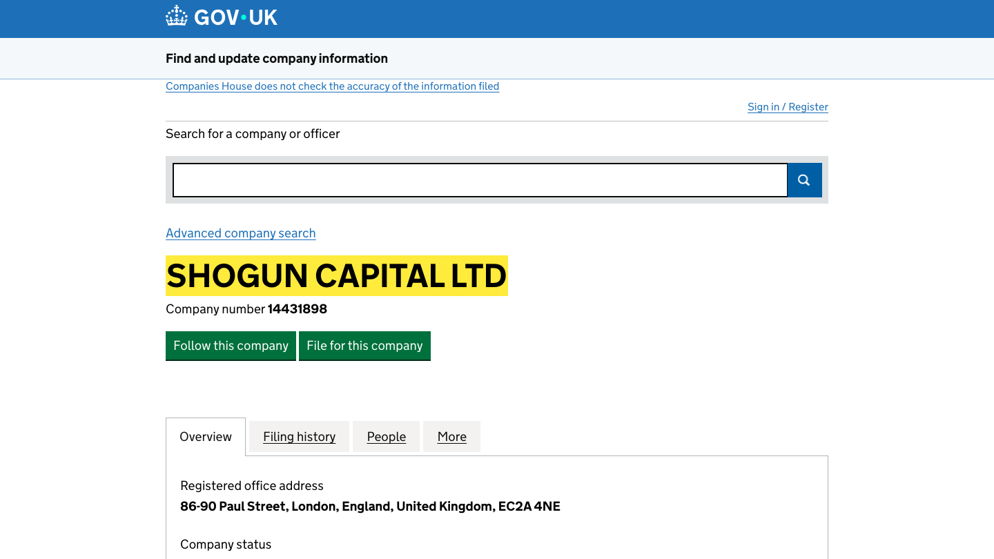 英国の会社登記で会社番号14431898を引いた画面
