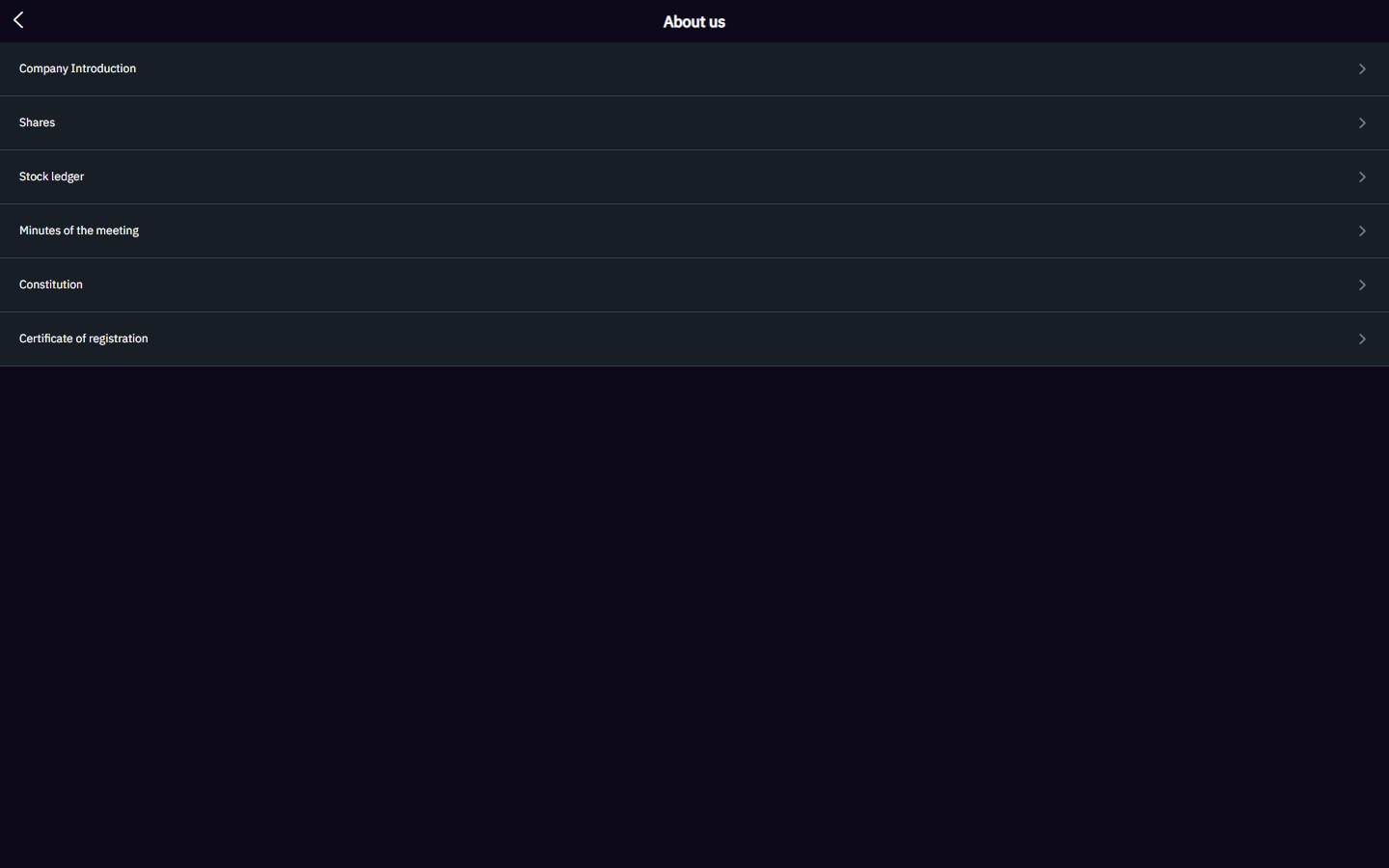 Tex Marketsの「About us」の画面。「Company Introduction」「Shares」「Stock ledger」「Minutes of the meeting」「Constitution」「Certificate of registration」の項目が並んでいる
