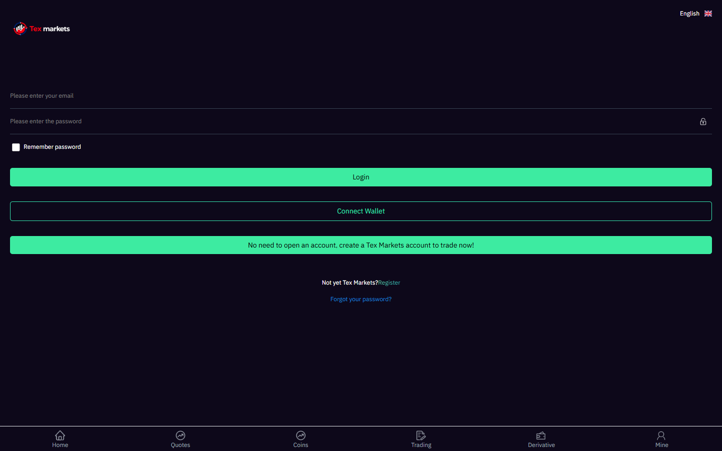Tex Marketsのログイン画面。メールアドレスとパスワードの入力欄の下に「Login」「Connect Wallet」のボタンがある