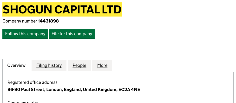 英国の会社登記で会社番号14431898を引いた画面